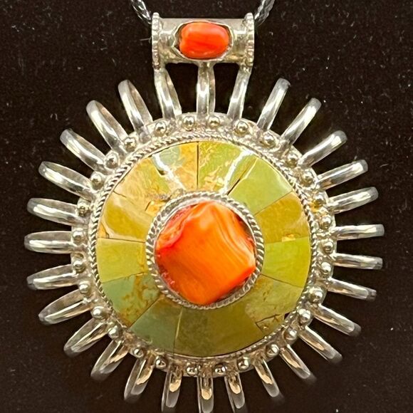 Runway statement Green Turquoise and Coral 925 pendant. - Picture 5 of 5